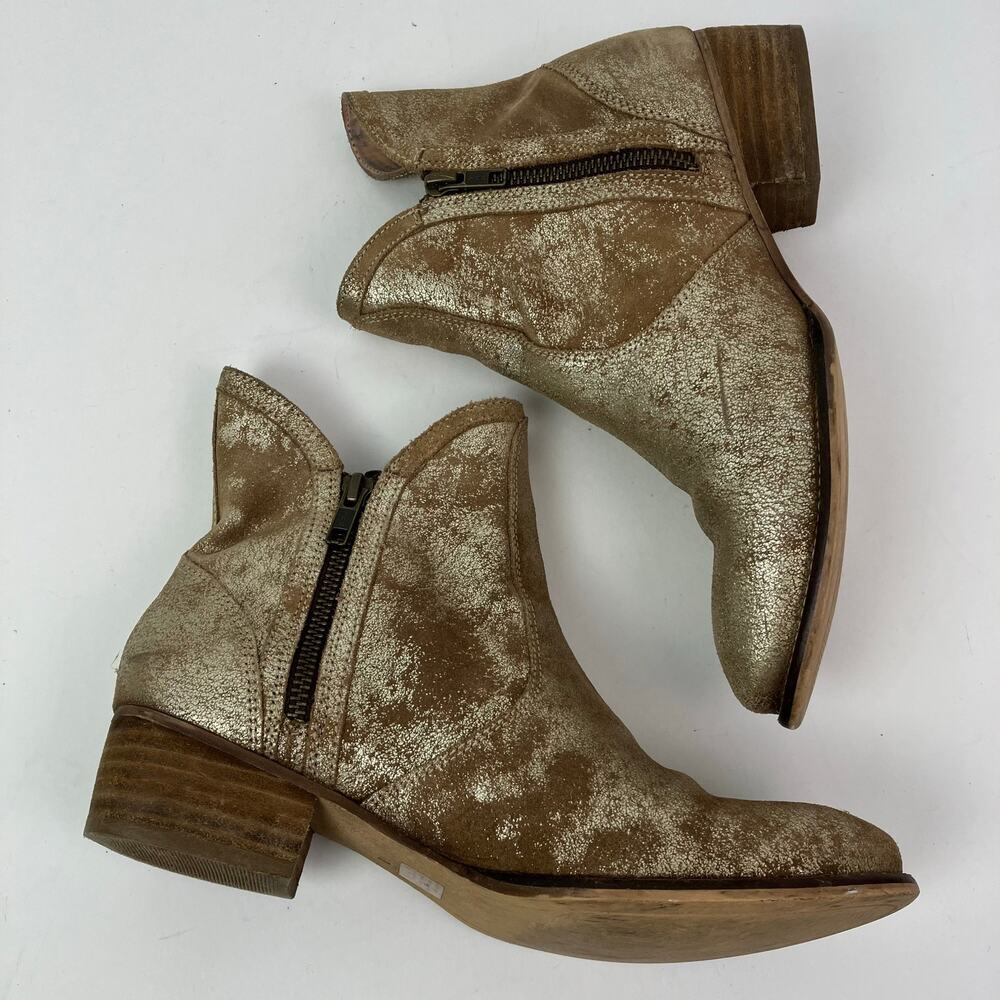 Anthropologie Seychelles Sz 8 Lucky Penny Ankle Booties Distressed Gold Leather - Picture 10 of 16